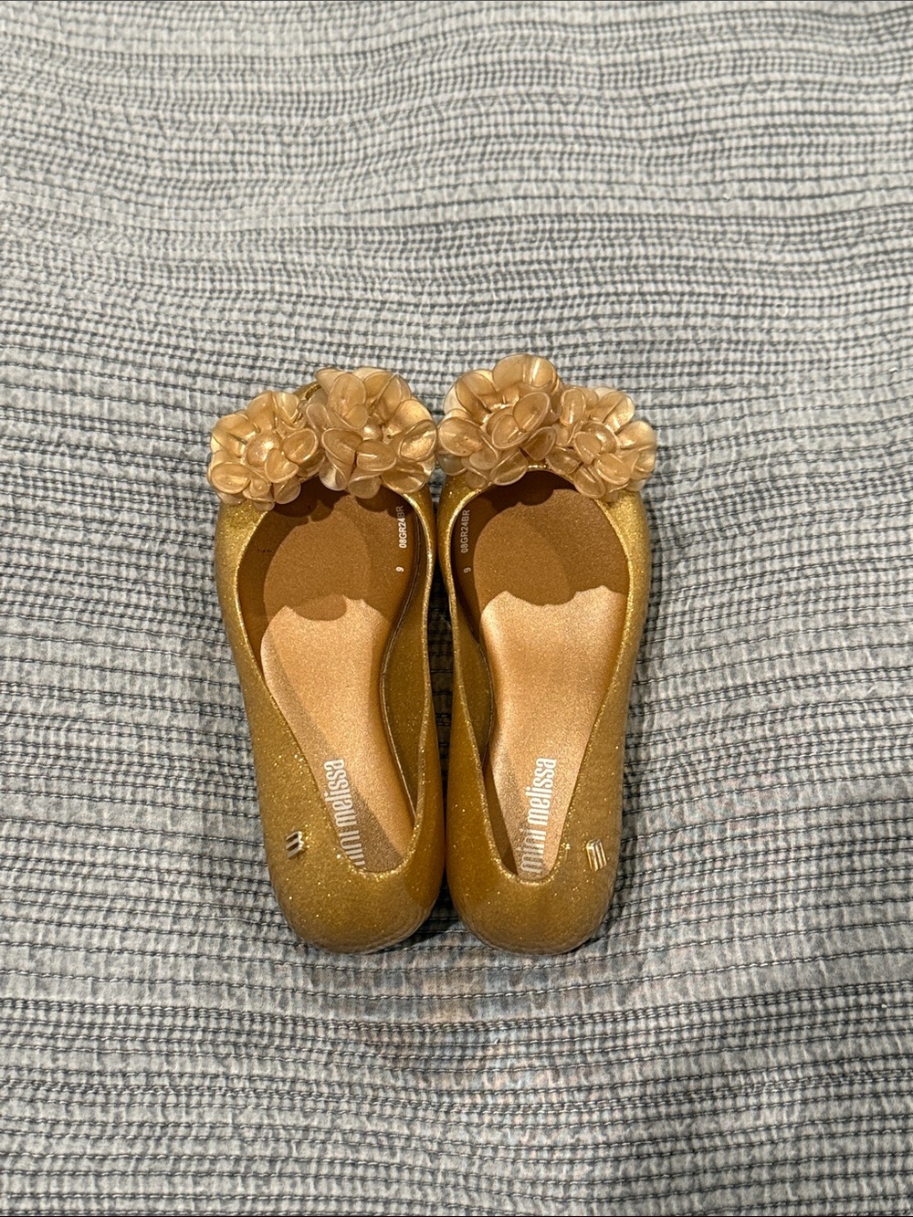 Mini Melissa Girls Gold Glitter Flower Jelly Flats